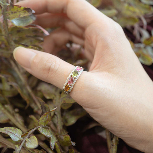 Silver Multi Coloured Tourmaline and Moissanite Pave Ring