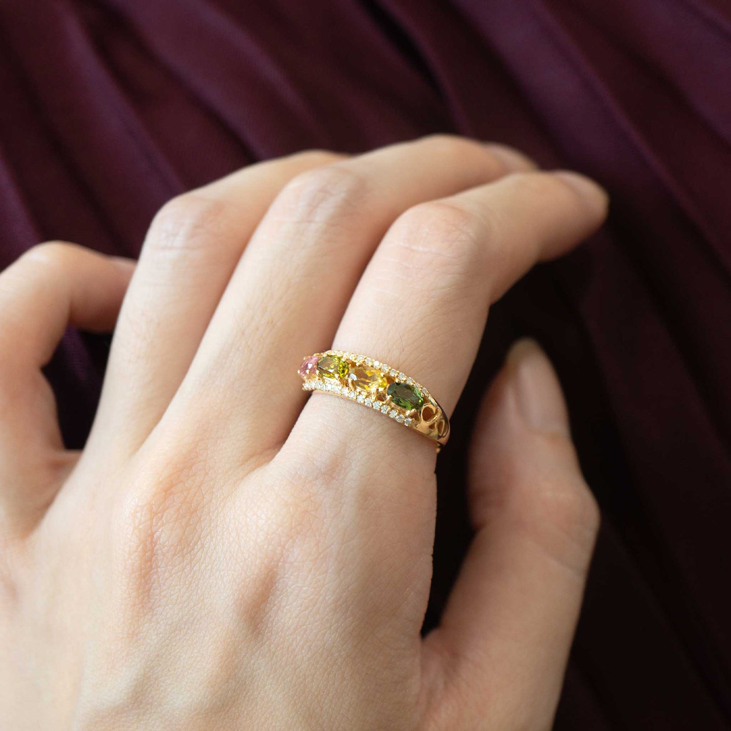 Gold Multi Coloured Tourmaline and Moissanite Pave Ring