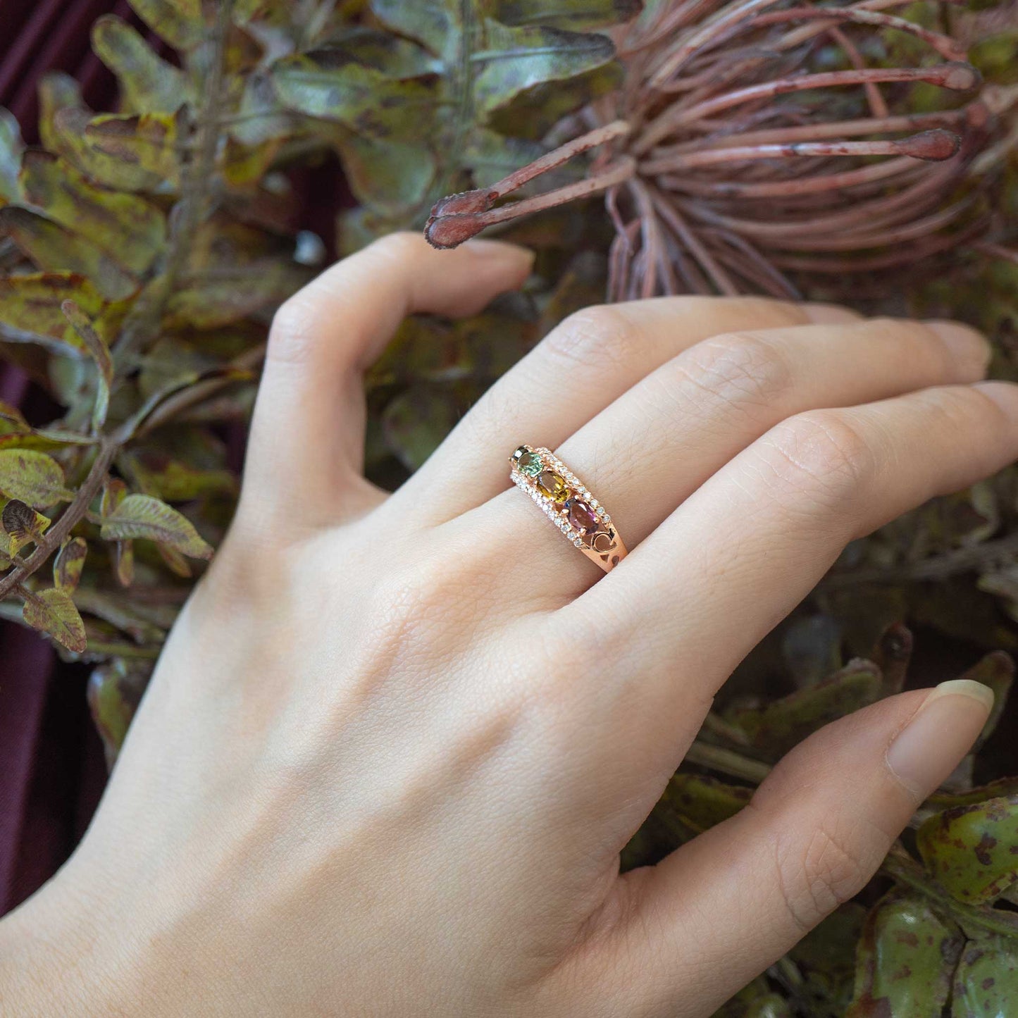 Rose Multi Coloured Tourmaline and Moissanite Pave Ring