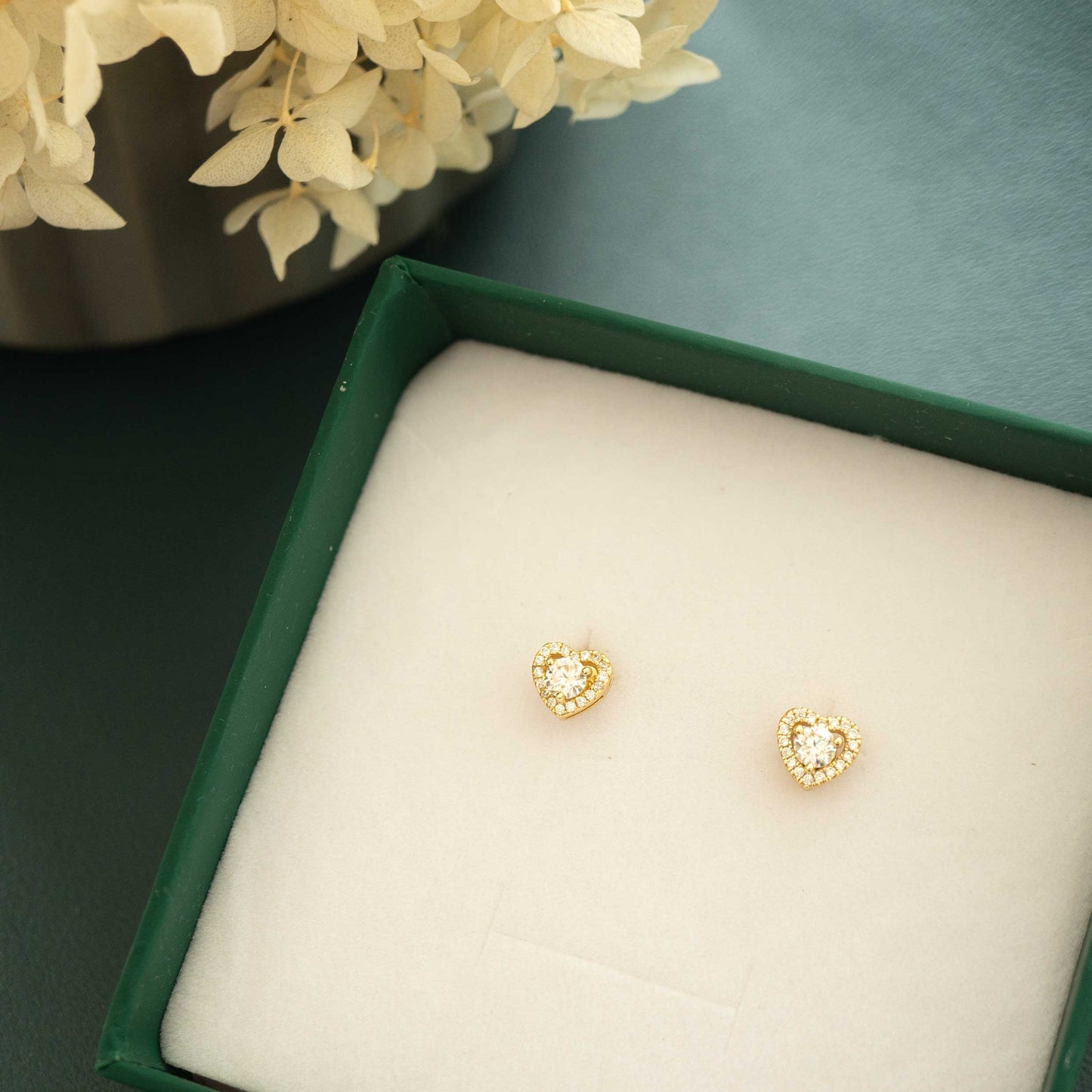 Gold Halo Heart Moissanite Earrings